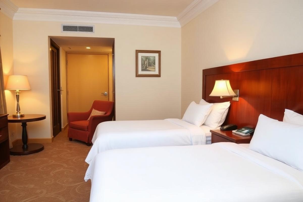 Comfortable 4 star hotel bedroom with warm lighting