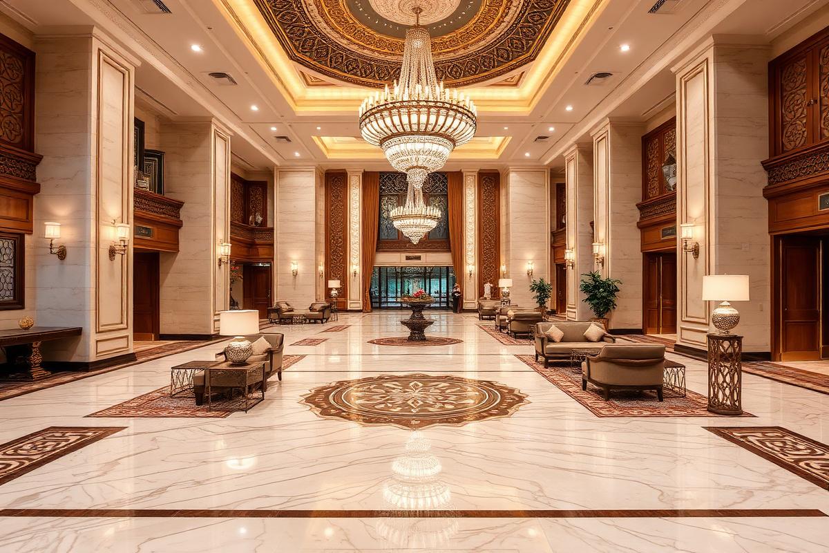 4 star hotel marble lobby with chandeliers