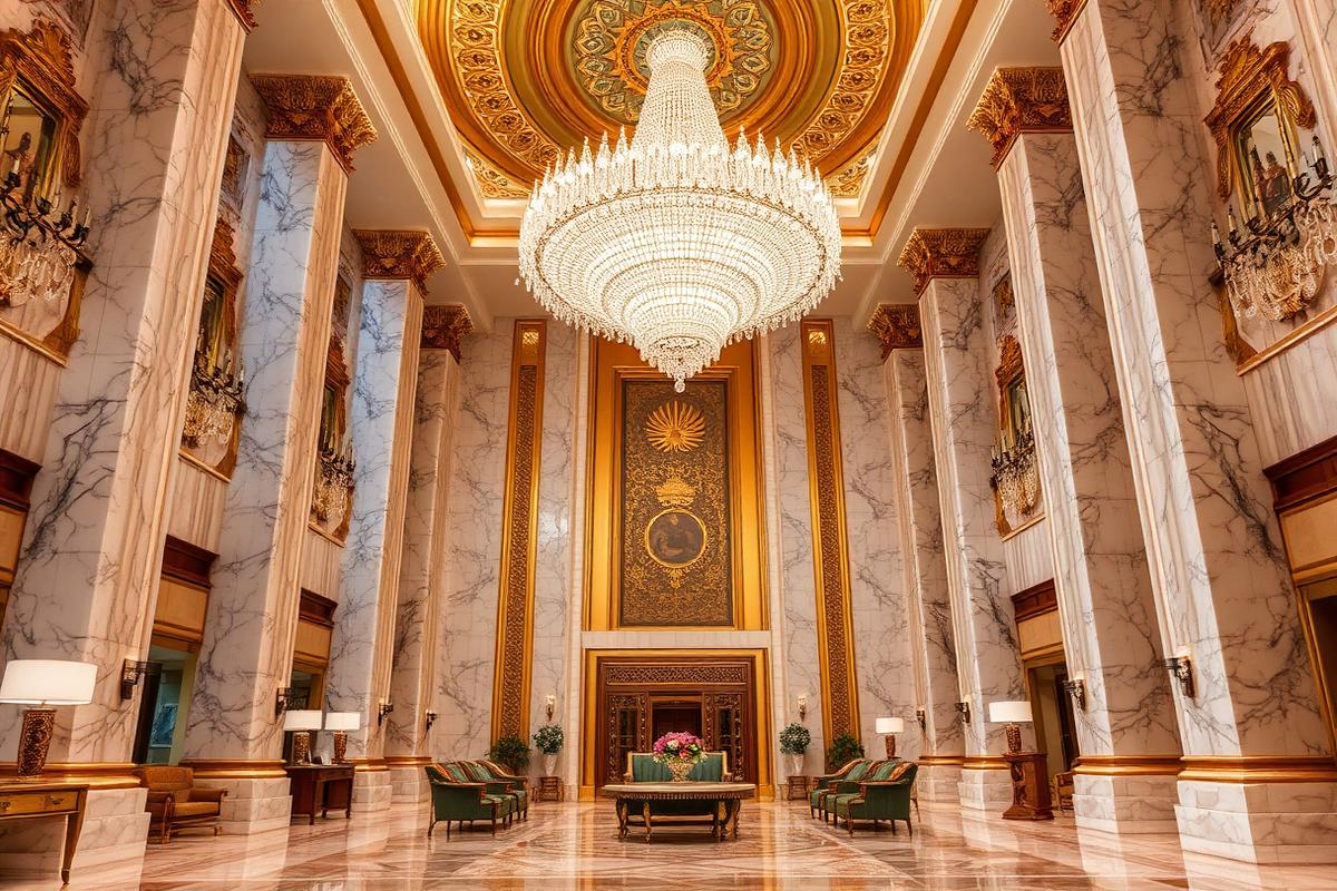 5 star hotel lobby with crystal chandelier