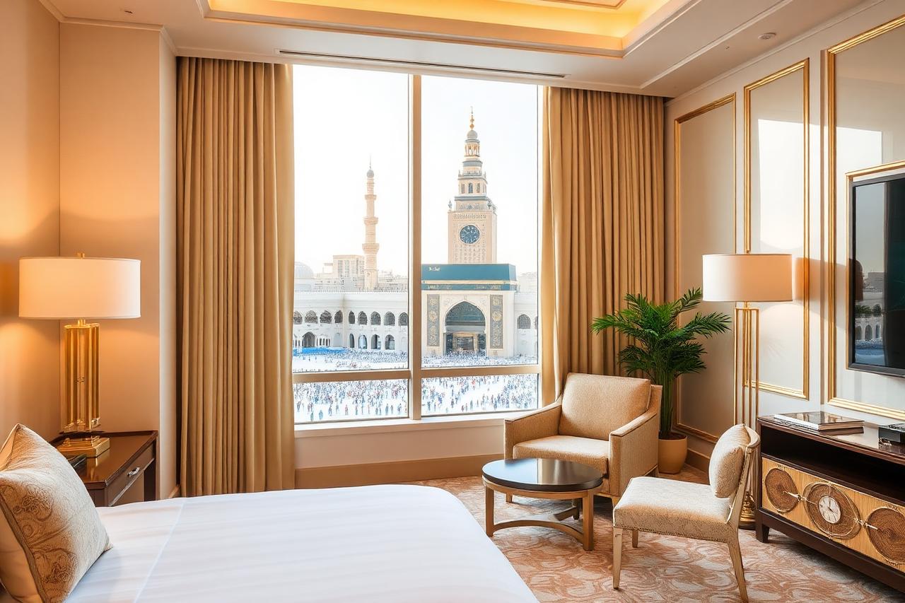 Bright luxury hotel room with a view towards Masjid al-Haram