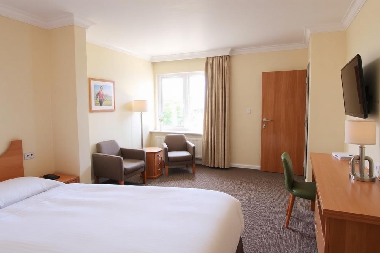 Clean, comfortable twin hotel room with natural daylight