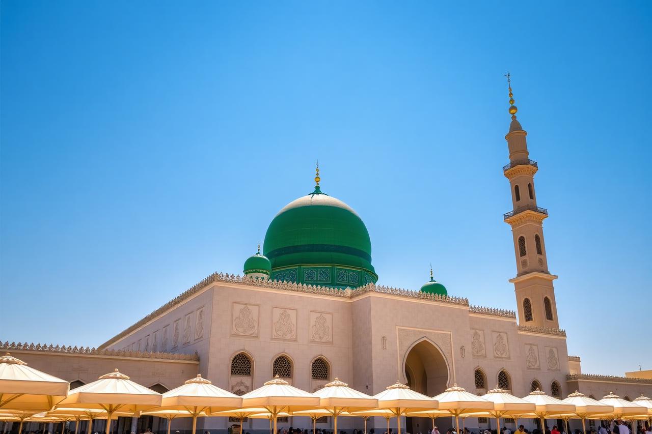 The green dome and courtyard umbrellas of Masjid an-Nabawi, Madinah